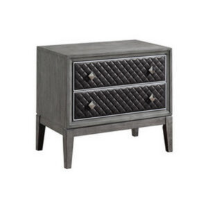 Stacy 29 Inch Nightstand, 2 Faux Leather Upholstered Drawers, Gray Wood