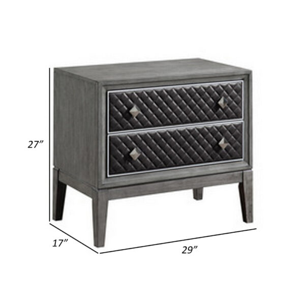Stacy 29 Inch Nightstand, 2 Faux Leather Upholstered Drawers, Gray Wood