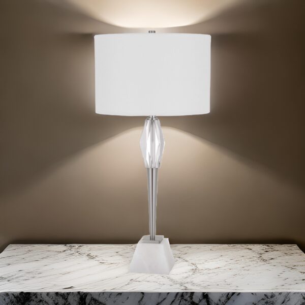 150220266991b8a22546c.jpeg 32 Inch Table Lamp with White Drum Shade, Marble Base, Brushed Steel