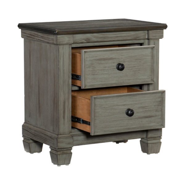 150220266991b930f3f1f.jpeg Cadie 29 Inch Nightstand, 2 Drawers, Coffee Brown, Antique Gray Wood
