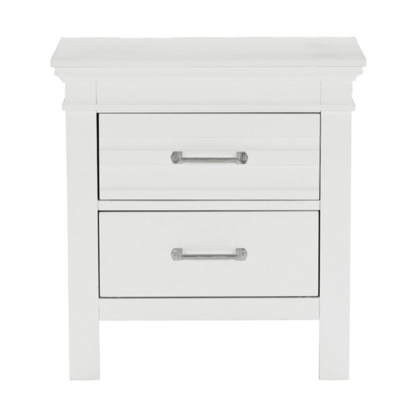 150220266991b97a3bdc0.jpeg Candy 25 Inch Nightstand, 2 Drawers, Nickel Bar Handles, White Solid Wood