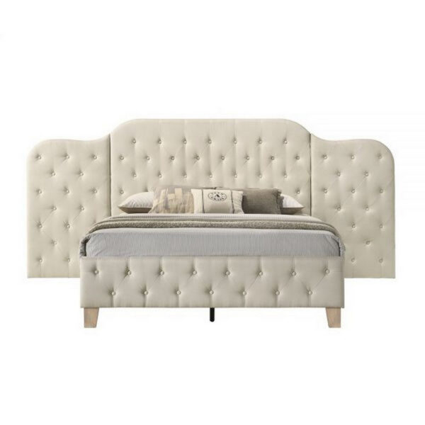 Ronny Inch Queen Size Bed, Wall Headboard, Beige Linen Tufted Upholstery