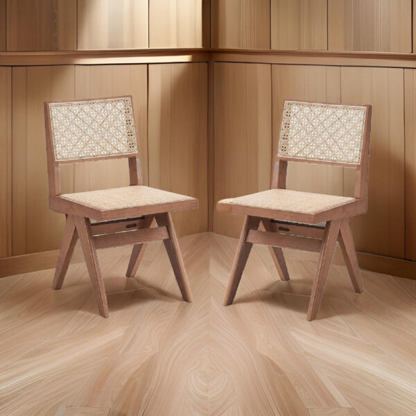 Tina 22 Inch Side Dining Chair Set of 2, Woven Rattan, Natural Brown Wood