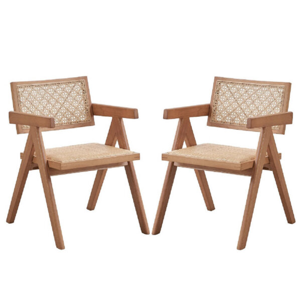 Tina 22 Inch Dining Armchair Set of 2, Woven Rattan, Natural Brown Wood