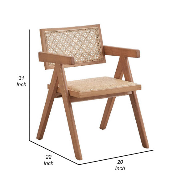 Tina 22 Inch Dining Armchair Set of 2, Woven Rattan, Natural Brown Wood
