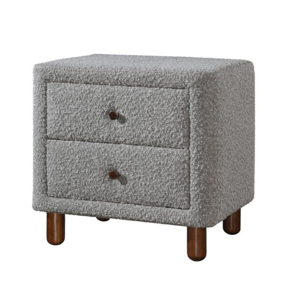 150220266991ba919e4fd.jpeg Lyno 20 Inch Nightstand, 2 Drawers, Brown Legs, Gray Boucle Upholstery
