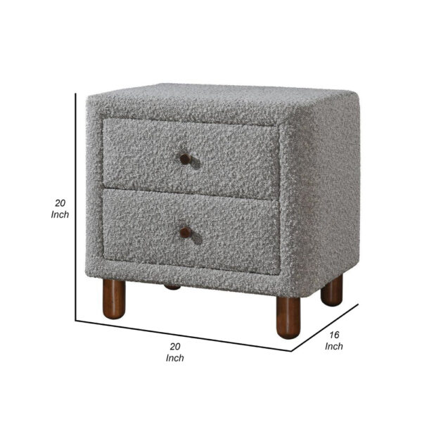 150220266991ba988cf7a.jpeg Lyno 20 Inch Nightstand, 2 Drawers, Brown Legs, Gray Boucle Upholstery