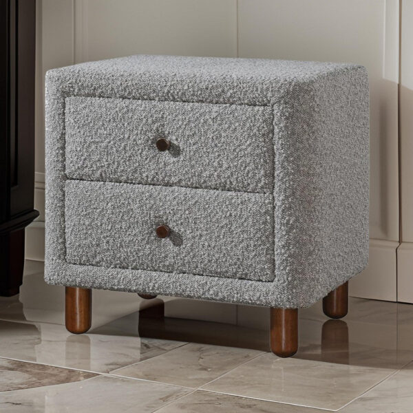 150220266991ba99b70f3.jpeg Lyno 20 Inch Nightstand, 2 Drawers, Brown Legs, Gray Boucle Upholstery