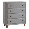 Lyno 38 Inch Tall Dresser Chest, 4 Drawers, Gray Boucle Upholstery, Brown
