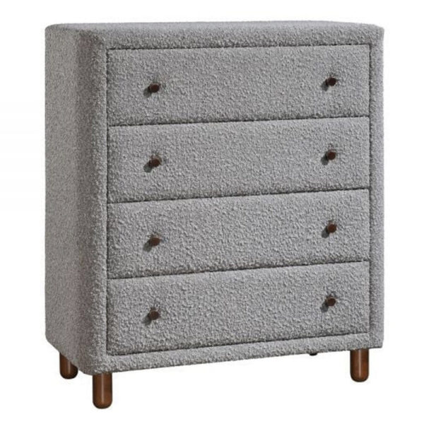 Lyno 38 Inch Tall Dresser Chest, 4 Drawers, Gray Boucle Upholstery, Brown