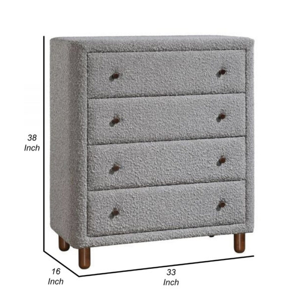 Lyno 38 Inch Tall Dresser Chest, 4 Drawers, Gray Boucle Upholstery, Brown