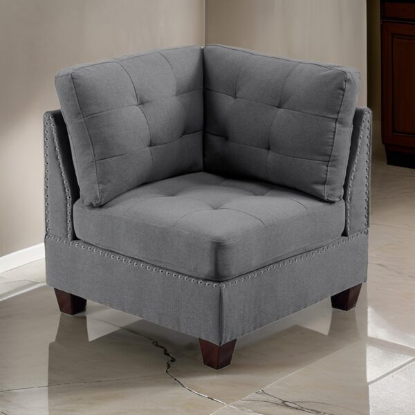 Lemy 32 Inch Modular Corner Sofa Chair, Tufted Gray Upholstery, Solid Wood