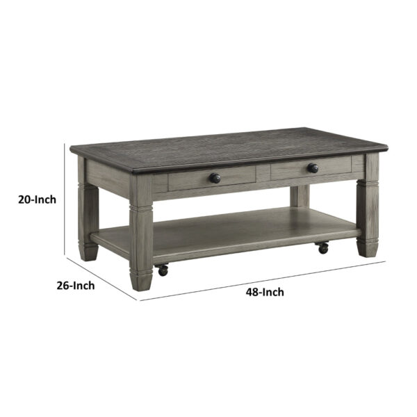 Rome 48 Inch Cocktail Table, 2 Drawers, Casters, Brown and Gray Solid Wood