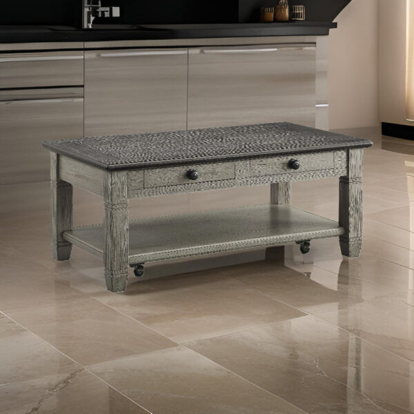 Rome 48 Inch Cocktail Table, 2 Drawers, Casters, Brown and Gray Solid Wood