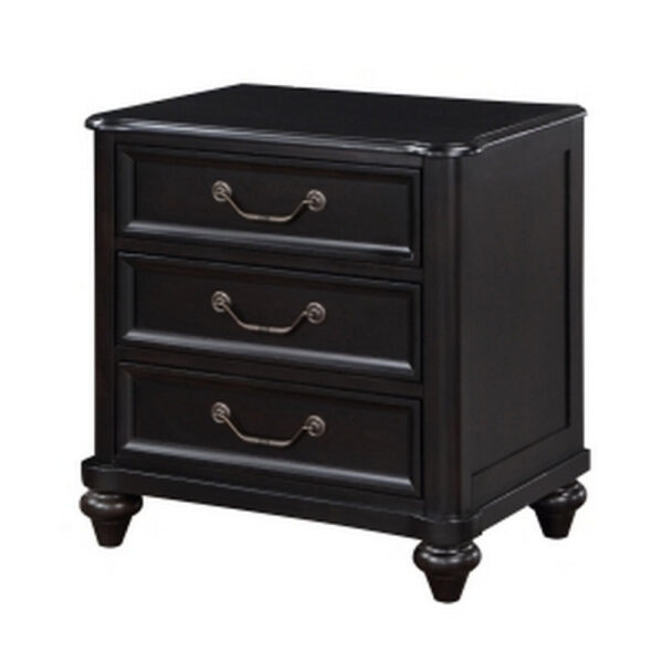 Vix 27 Inch Nightstand, 3 Drawers, Molded Design Pewter Drop Handles, Black