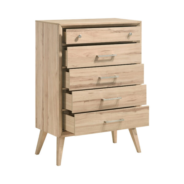 150220266991bdf7d6d1a.jpeg Kali 49 Inch Tall Dresser Chest, 5 Drawers, Nickel Handles, Oak Brown Wood