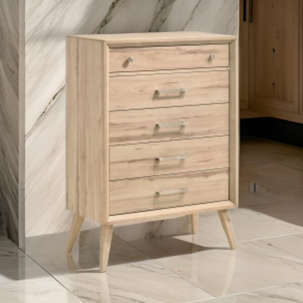 150220266991bdfd11da1.jpeg Kali 49 Inch Tall Dresser Chest, 5 Drawers, Nickel Handles, Oak Brown Wood