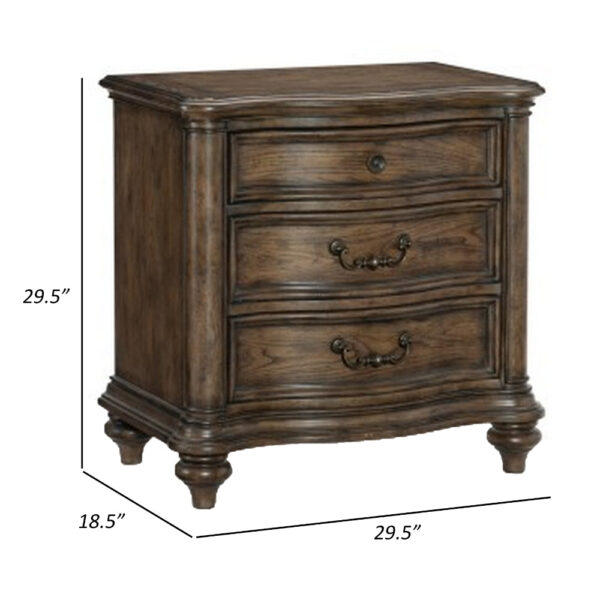 150220266991be39a74a3.jpeg Deborah 30 Inch Nightstand, 3 Drawers, Bronze Drop Handles, Brown Wood