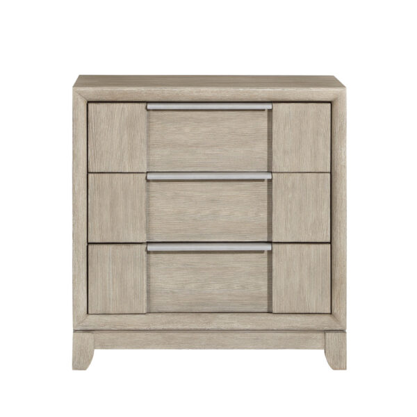 150220266991be3dae39f.jpeg Owen 29 Inch Nightstand, 3 Drawers, USB Charging Port, Light Beige Wood