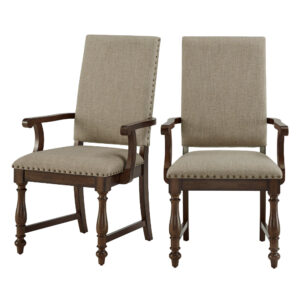 150220266991be44ddd18.jpeg Tom 26 Inch Dining Armchair, Beige Polyester, Nailheads, Brown Wood, Set of 2