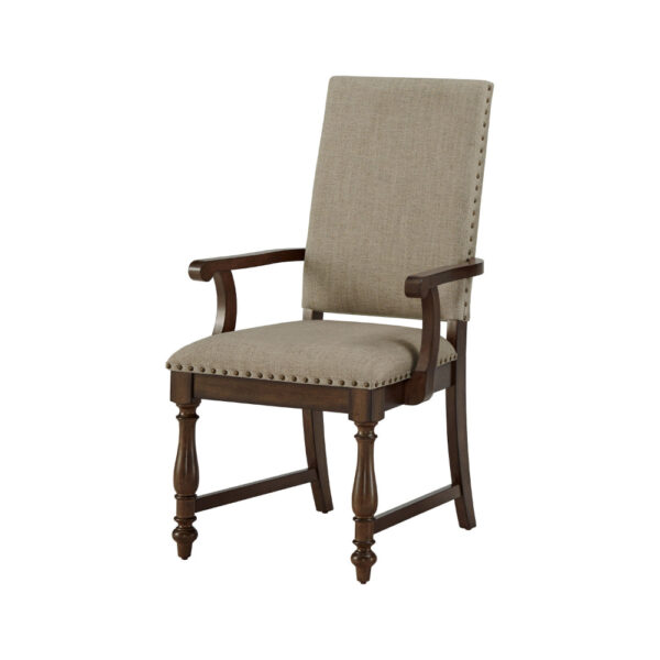 Tom 26 Inch Dining Armchair, Beige Polyester, Nailheads, Brown Wood, Set of 2