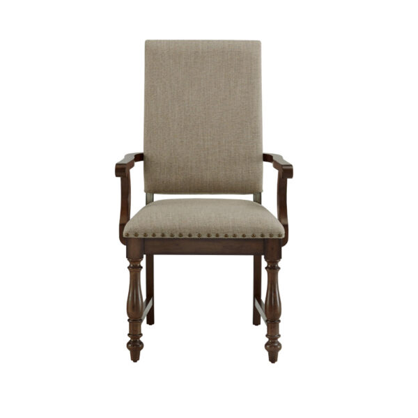 Tom 26 Inch Dining Armchair, Beige Polyester, Nailheads, Brown Wood, Set of 2