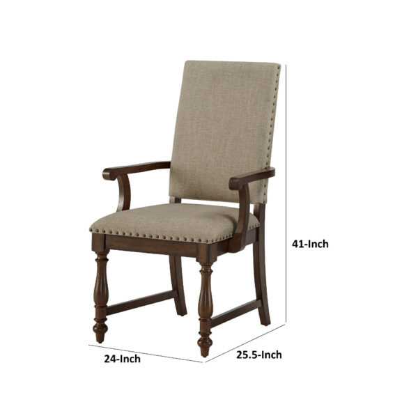 Tom 26 Inch Dining Armchair, Beige Polyester, Nailheads, Brown Wood, Set of 2