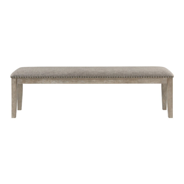Ruth 64 Inch Bench, Nailhead Trim, Polyester Upholstery, Gray Solid Wood