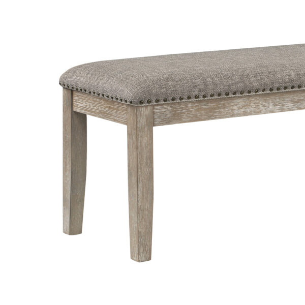Ruth 64 Inch Bench, Nailhead Trim, Polyester Upholstery, Gray Solid Wood