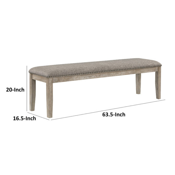 Ruth 64 Inch Bench, Nailhead Trim, Polyester Upholstery, Gray Solid Wood