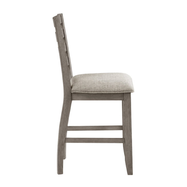 150220266991bed935df6.jpeg Trea 26 Inch Counter Height Chair, Ladder Back, Polyester, Gray Wood, Set of 2