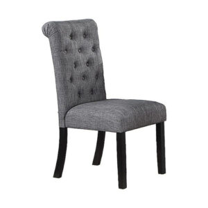 150220266991c00ff0289.jpeg Jie 25 Inch Dining Chairs, Set of 2, Tufted Gray Upholstery, Rolled Top, Black Wood