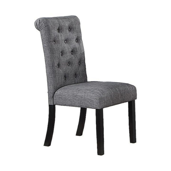 Jie 25 Inch Dining Chairs, Set of 2, Tufted Gray Upholstery, Rolled Top, Black Wood