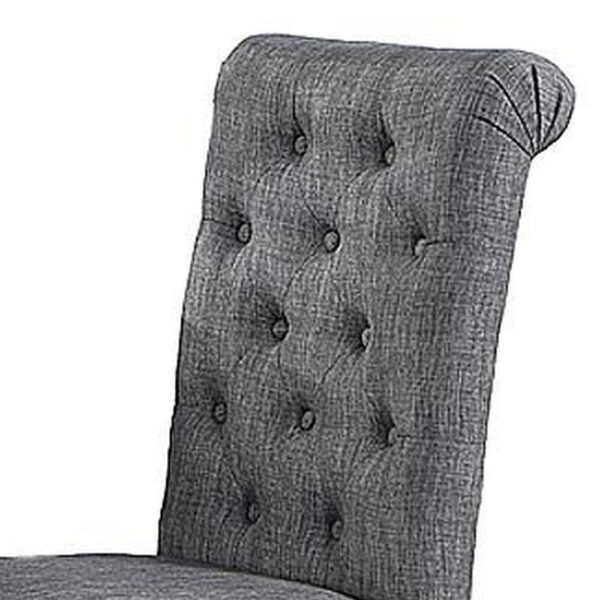 Jie 25 Inch Dining Chairs, Set of 2, Tufted Gray Upholstery, Rolled Top, Black Wood