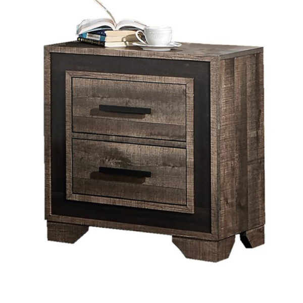 Nny 26 Inch Nightstand with 2 Drawers, Black Handles, Brown Wood Finish