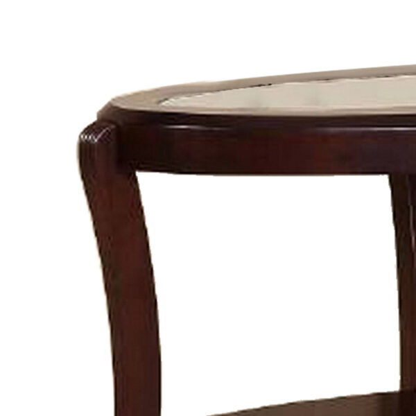 Lyn 51 Inch Console Table with Oval Glass Top and Lower Shelf, Brown Wood