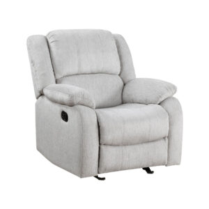 Chris 38 Inch Manual Glider Recliner Chair, Solid Wood, Light Gray Chenille