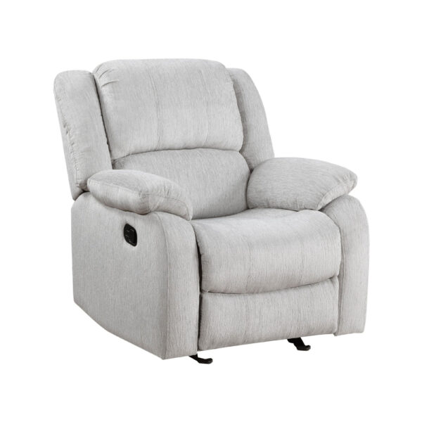 Chris 38 Inch Manual Glider Recliner Chair, Solid Wood, Light Gray Chenille
