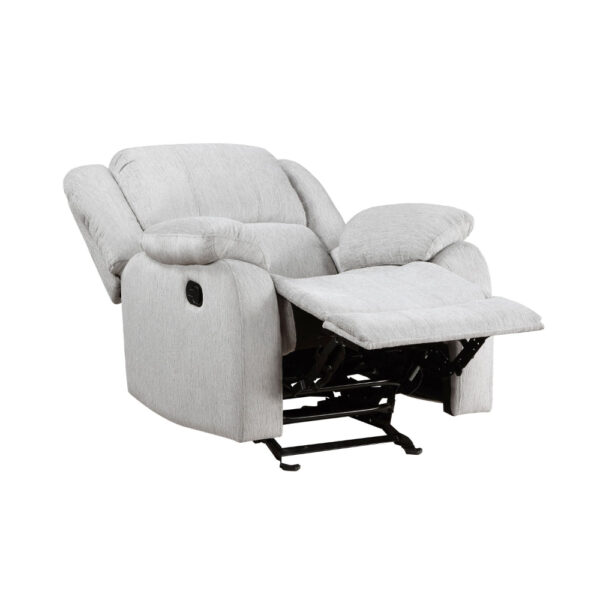 Chris 38 Inch Manual Glider Recliner Chair, Solid Wood, Light Gray Chenille