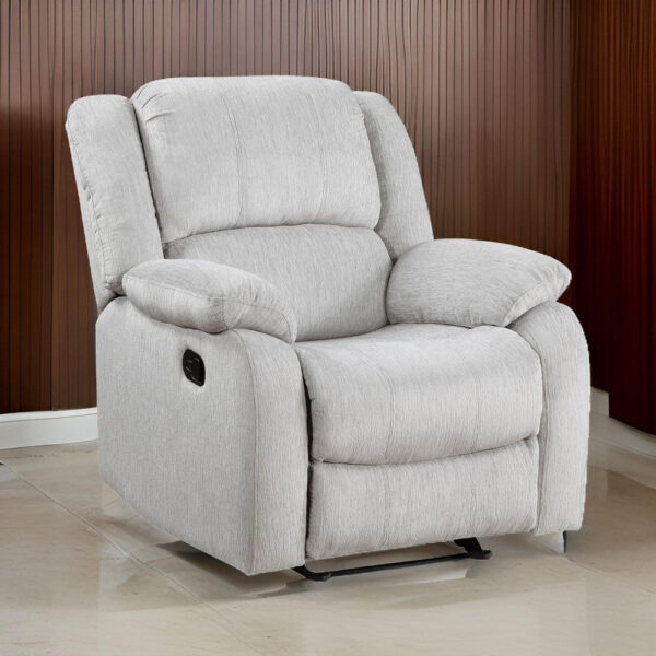 Chris 38 Inch Manual Glider Recliner Chair, Solid Wood, Light Gray Chenille