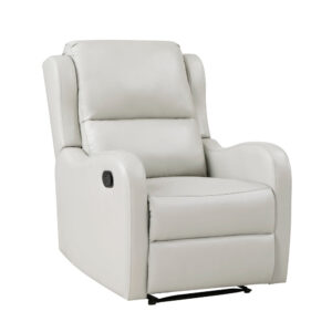 Kim 38 Inch Manual Recliner Chair, Off White Faux Leather, Solid Wood