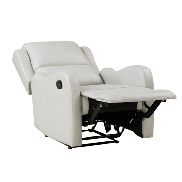 Kim 38 Inch Manual Recliner Chair, Off White Faux Leather, Solid Wood