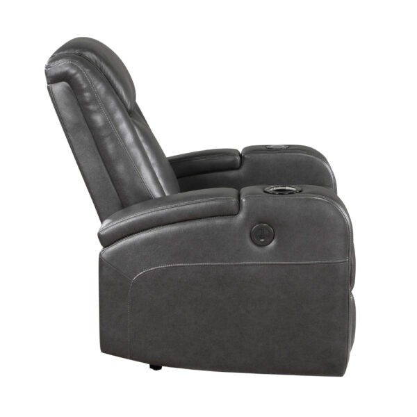 Emily 38 Inch Power Recliner Chair, Cooling Cupholder, LED, Gray PU Leather