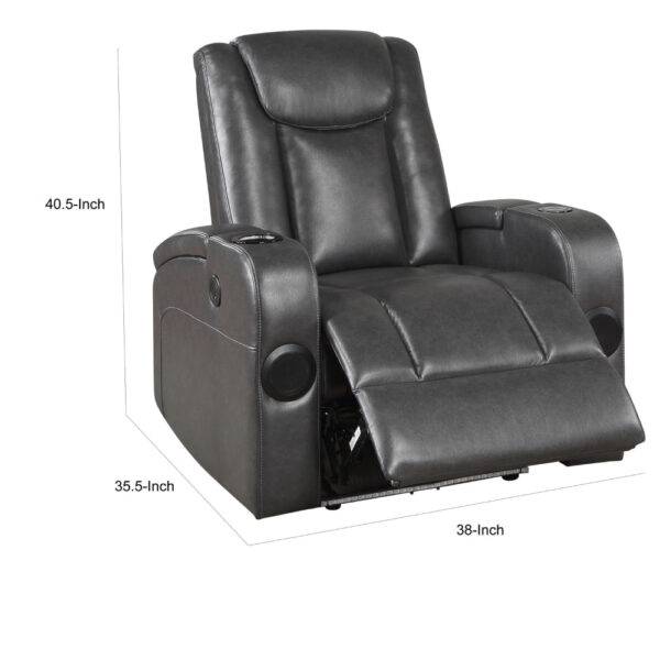 Emily 38 Inch Power Recliner Chair, Cooling Cupholder, LED, Gray PU Leather