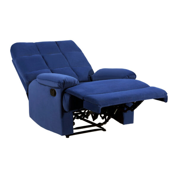 150220266991c31dc776b.jpeg Patty 36 Inch Manual Recliner Chair, Cushioned, Blue Velvet, Solid Wood