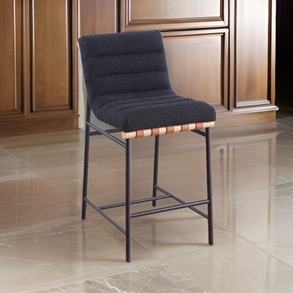 Kive 24 Inch Counter Height Stool Chair, Black Boucle Channel Tufted Seat, Steel