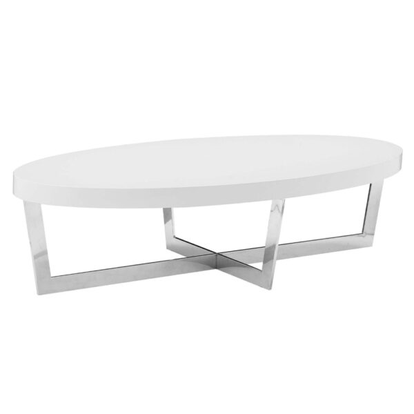 Tini 55 Inch Coffee Table, Oval Shaped Top, Metal Frame, White Finish