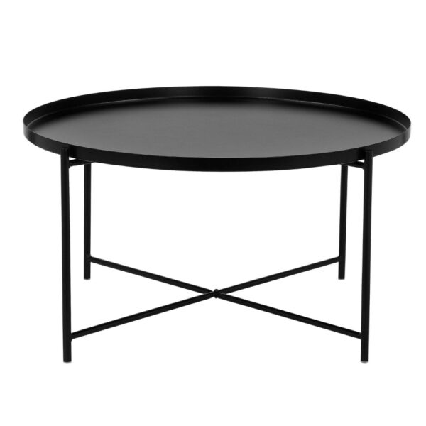 Ely 33 Inch Coffee Table, Round Tray Top, Cross Base, Black Metal Finish