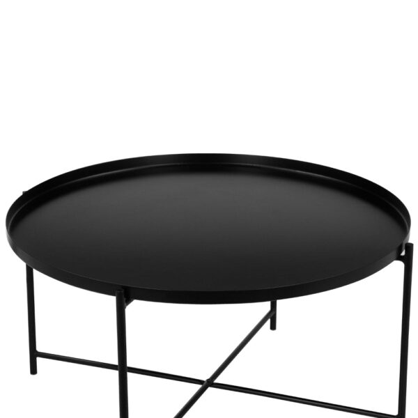 Ely 33 Inch Coffee Table, Round Tray Top, Cross Base, Black Metal Finish