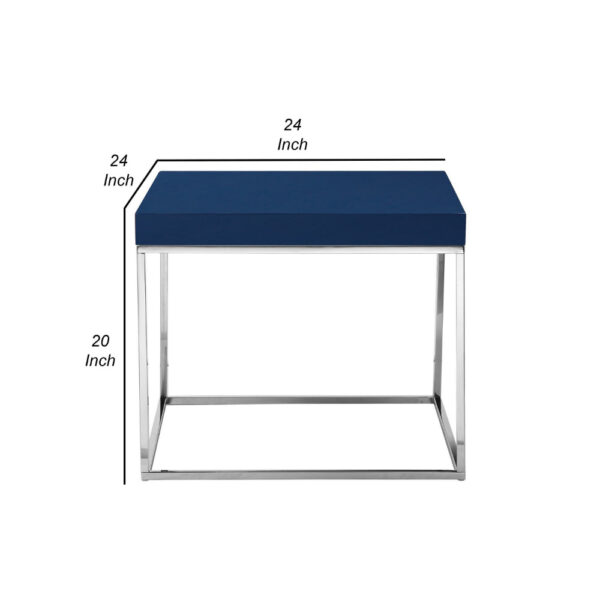 Zen 24 Inch Side End Table, Square, Polished Blue Top, Chrome Metal Finish